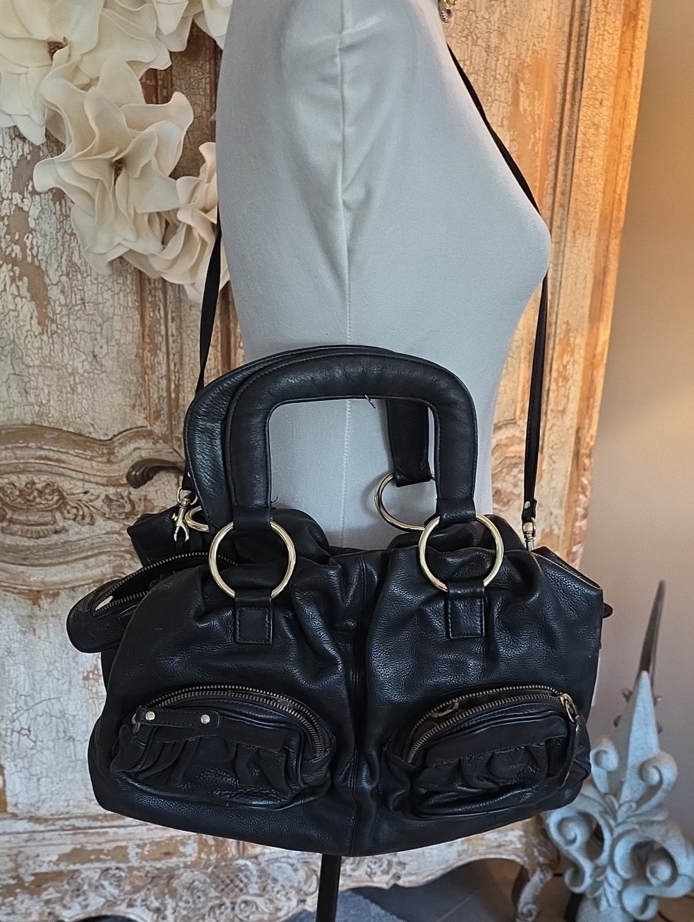 BULGA Black Leather Shoulder Bag with Gold Rings